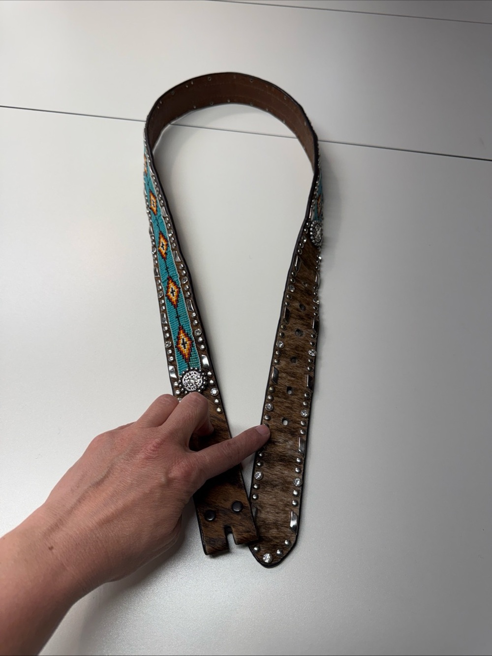 Ariat Leather Beaded Rhinestone Bare Belt Sz L Hide Hair Western Turquoise Boho - Picture 16 of 16